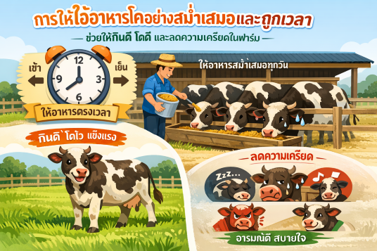 การให้อาหารโคอย่างสม่ำเสมอและถูกเวลา ช่วยให้กินดี โตดี และลดความเครียดในฟาร์ม