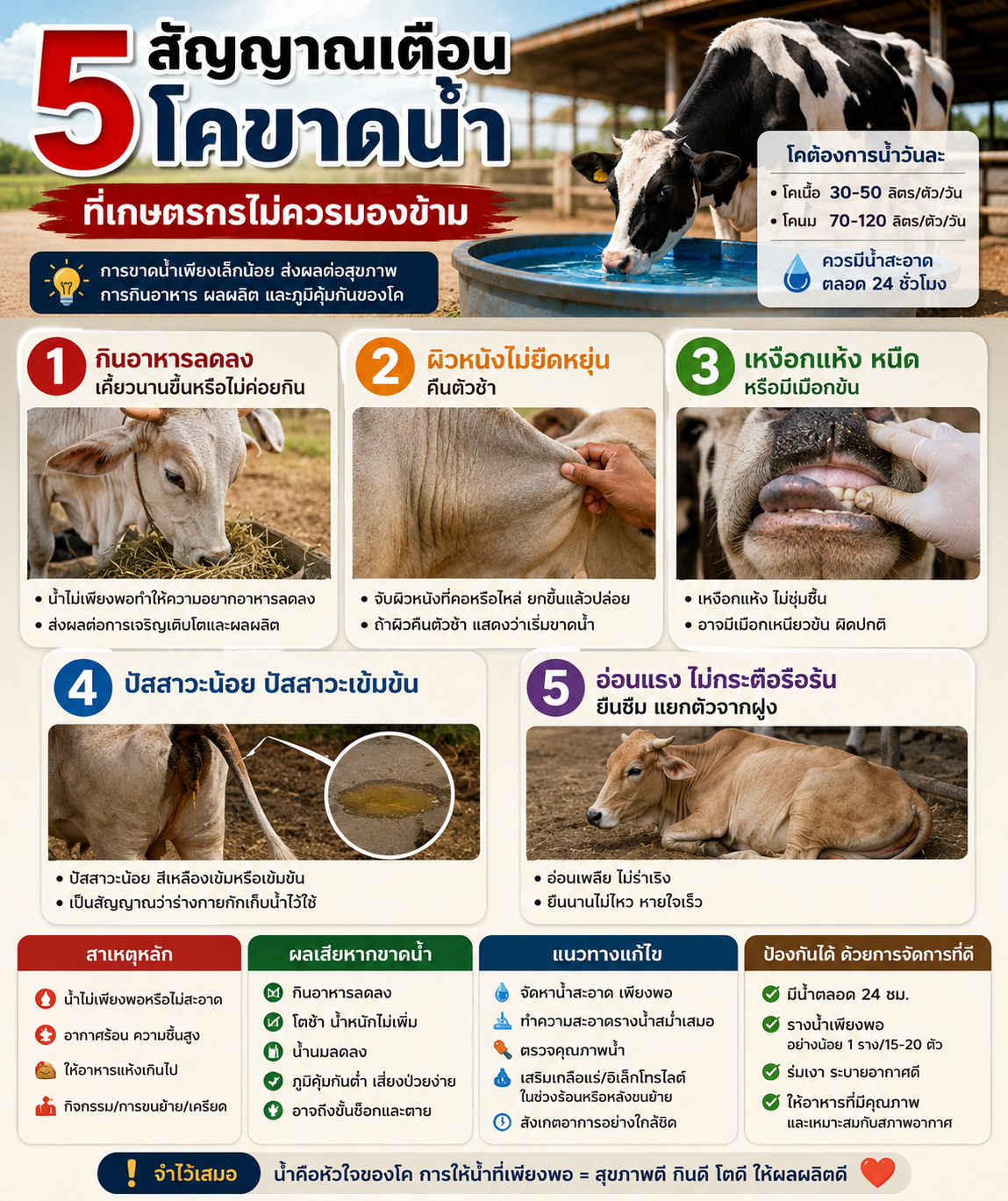 5 สัญญาณเตือนโคขาดน้ำที่เกษตรกรไม่ควรมองข้าม (Early Dehydration Warning Signs)