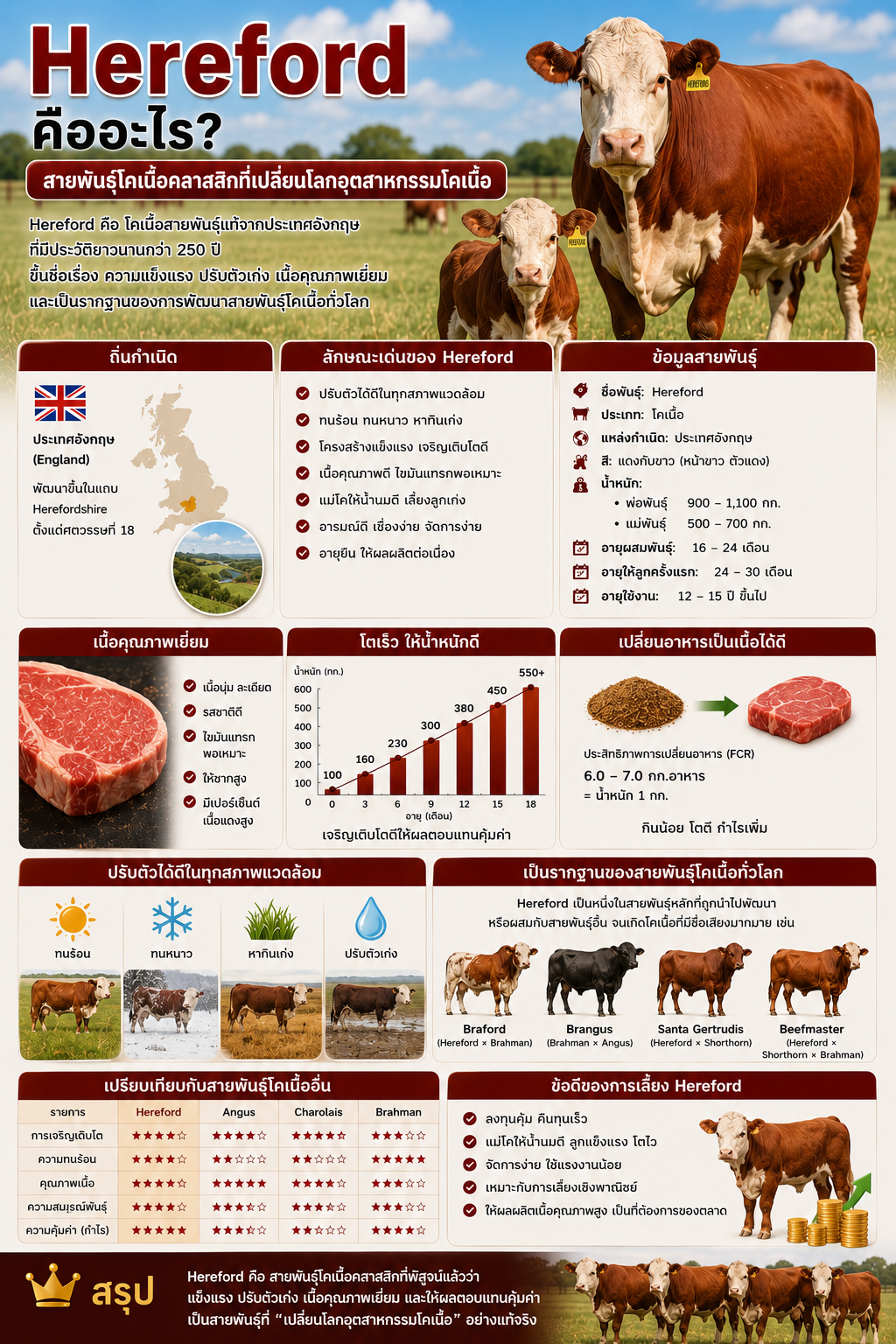 Hereford คืออะไร? สายพันธุ์โคเนื้อคลาสสิกที่เปลี่ยนโลกอุตสาหกรรมโคเนื้อ